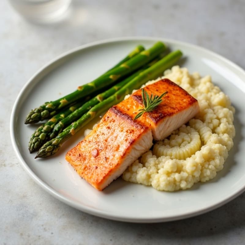 Seared Salmon with Asparagus and Cauliflower Mash