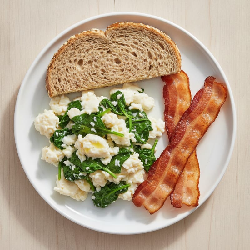 Scrambled Egg Whites with Sautéed Spinach and Turkey Bacon