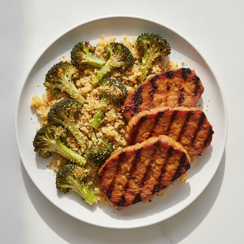 Grilled Tempeh Steaks with Roasted Broccoli and Quinoa
