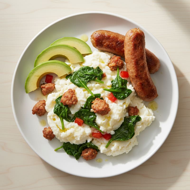 Egg White Scramble with Turkey Sausage and Sautéed Spinach