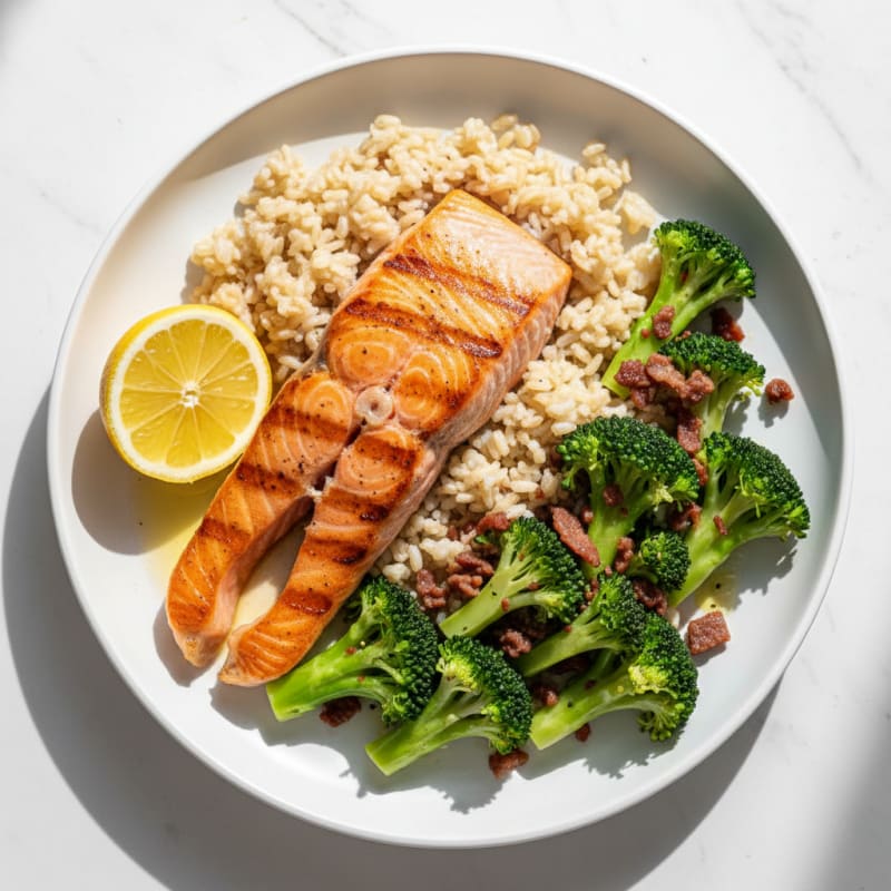 Seared Salmon Filet with Steamed Broccoli and Brown Rice