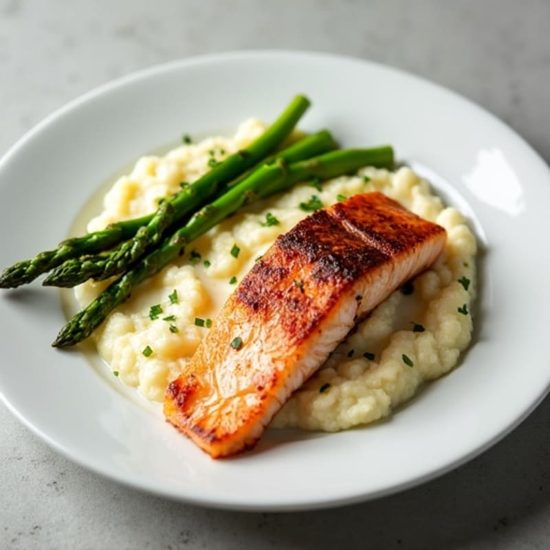 Seared Salmon with Steamed Asparagus and Cauliflower Mash