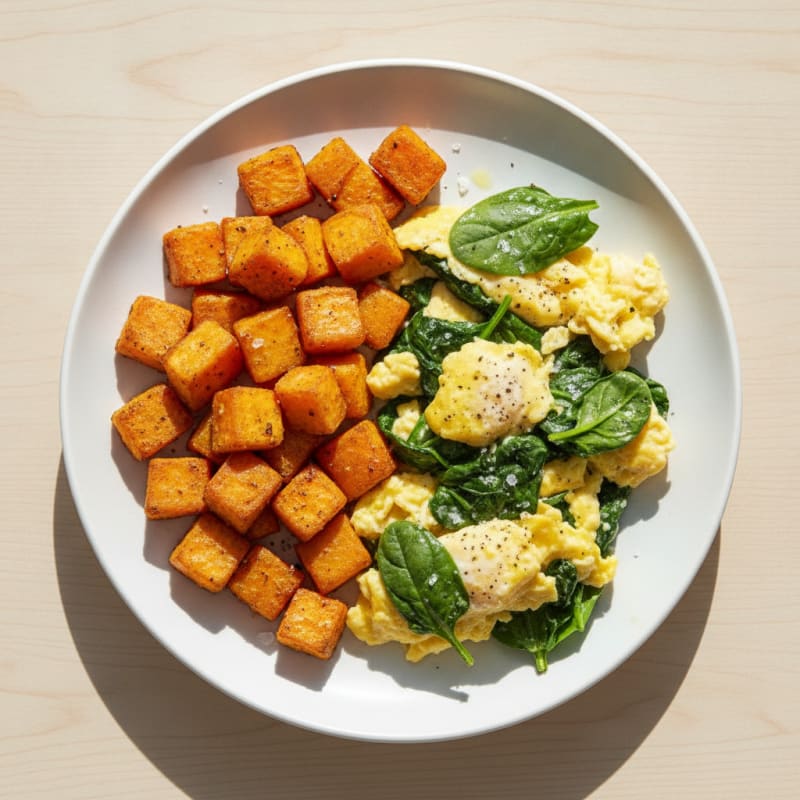 Scrambled Eggs with Spinach and Roasted Sweet Potatoes