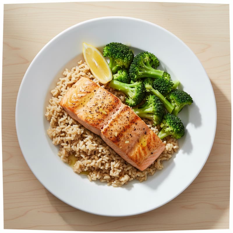 Seared Salmon with Steamed Broccoli and Brown Rice