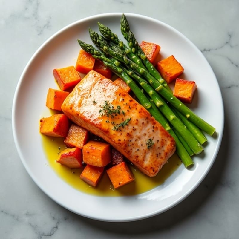 Seared Salmon with Roasted Sweet Potato and Asparagus