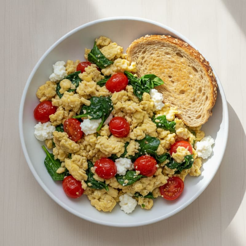 Cottage Cheese Egg Scramble with Spinach and Cherry Tomatoes