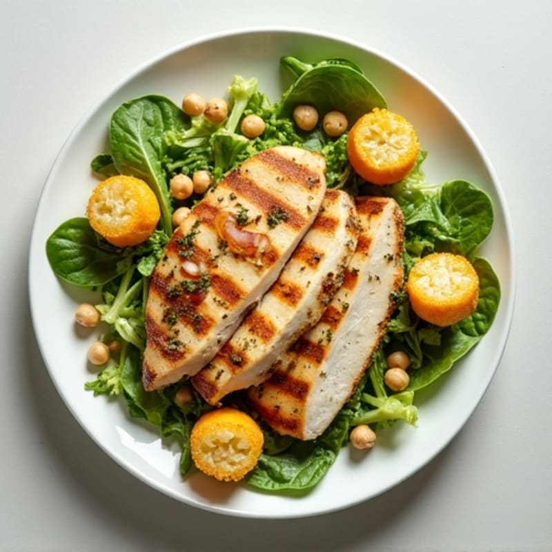 Herb-Grilled Chicken Caesar with Crispy Chickpea Croutons