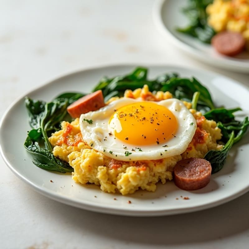 Egg White Scramble with Turkey Sausage and Sautéed Spinach