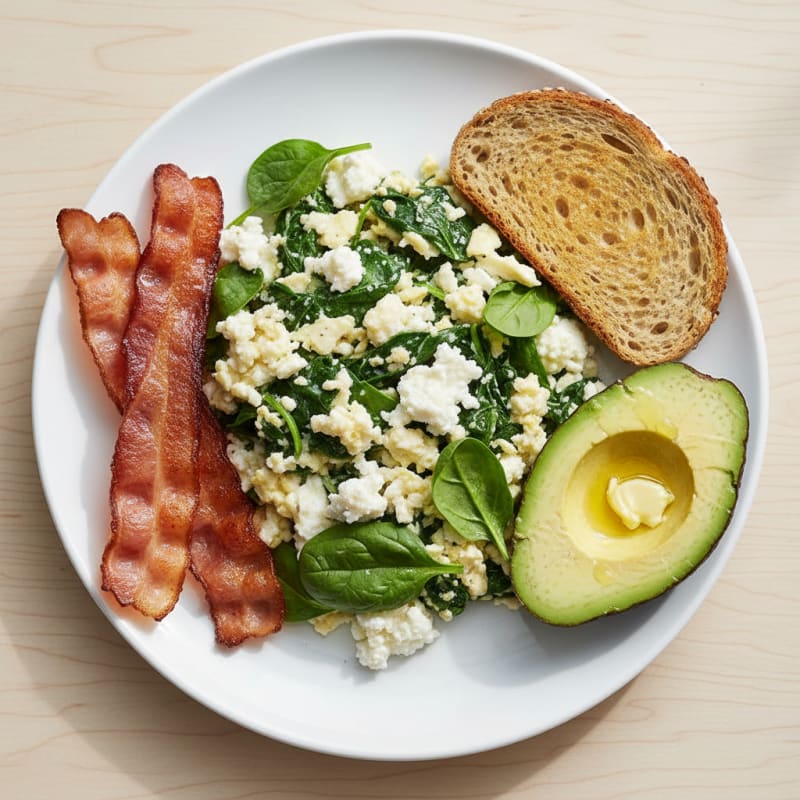 Egg White and Spinach Scramble with Cottage Cheese and Turkey Bacon