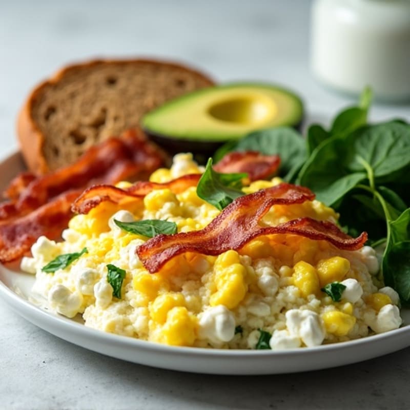 Crispy Turkey Bacon and Spinach Egg White Scramble with Cottage Cheese