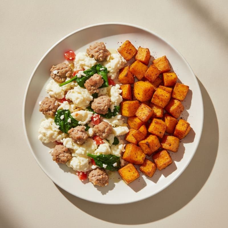 Egg White and Turkey Sausage Scramble with Roasted Sweet Potatoes