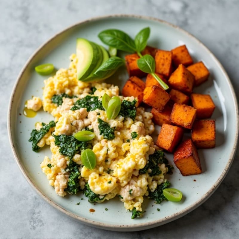 Egg White and Turkey Spinach Scramble with Roasted Sweet Potatoes