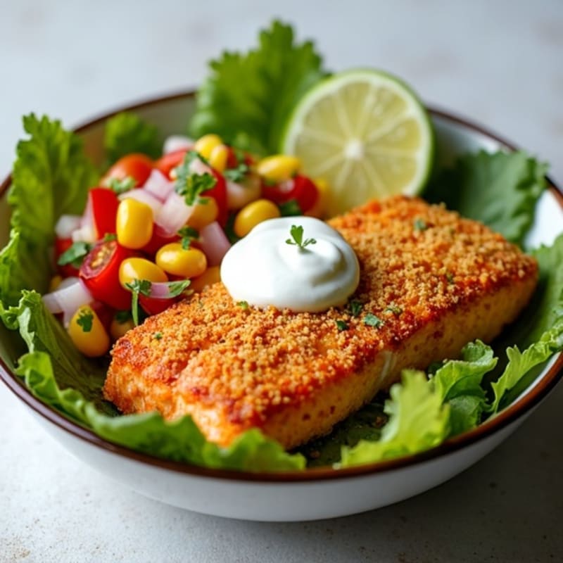 Crispy Salmon Bowl with Fresh Corn Tomato Salsa and Creamy Protein Yogurt Dressing