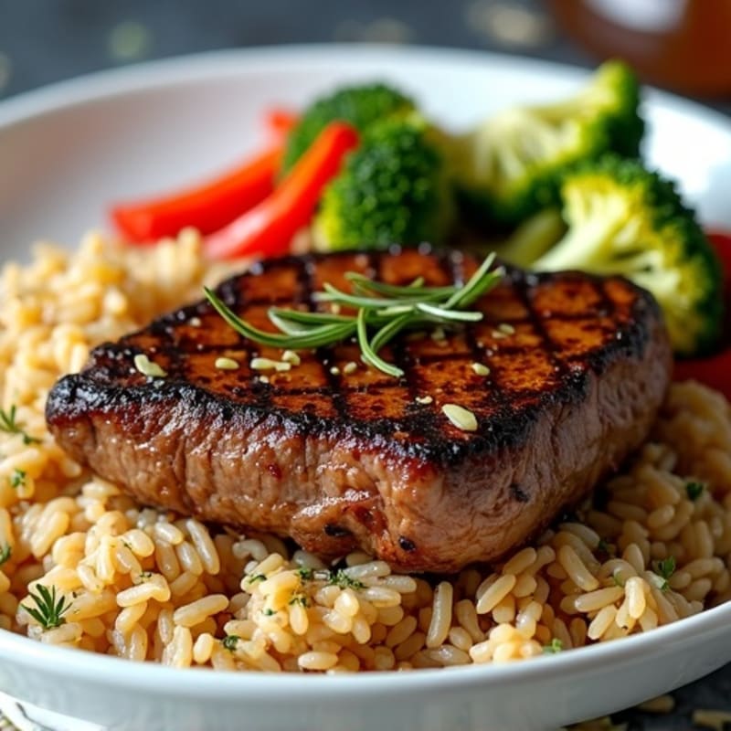 Garlic Herb Seared Steak with Brown Rice and Roasted Vegetables