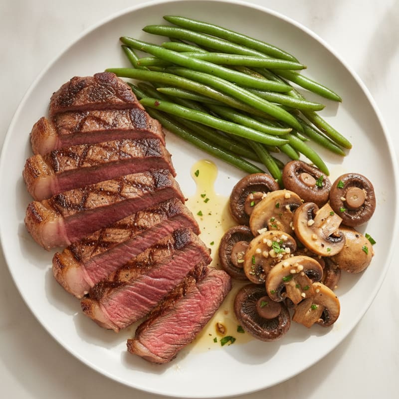 Seared Steak with Steamed Green Beans and Garlic Mushrooms