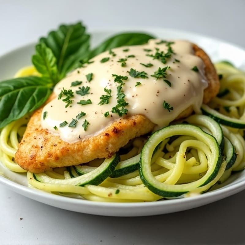 Creamy Cauliflower Alfredo Chicken with Zucchini Noodles