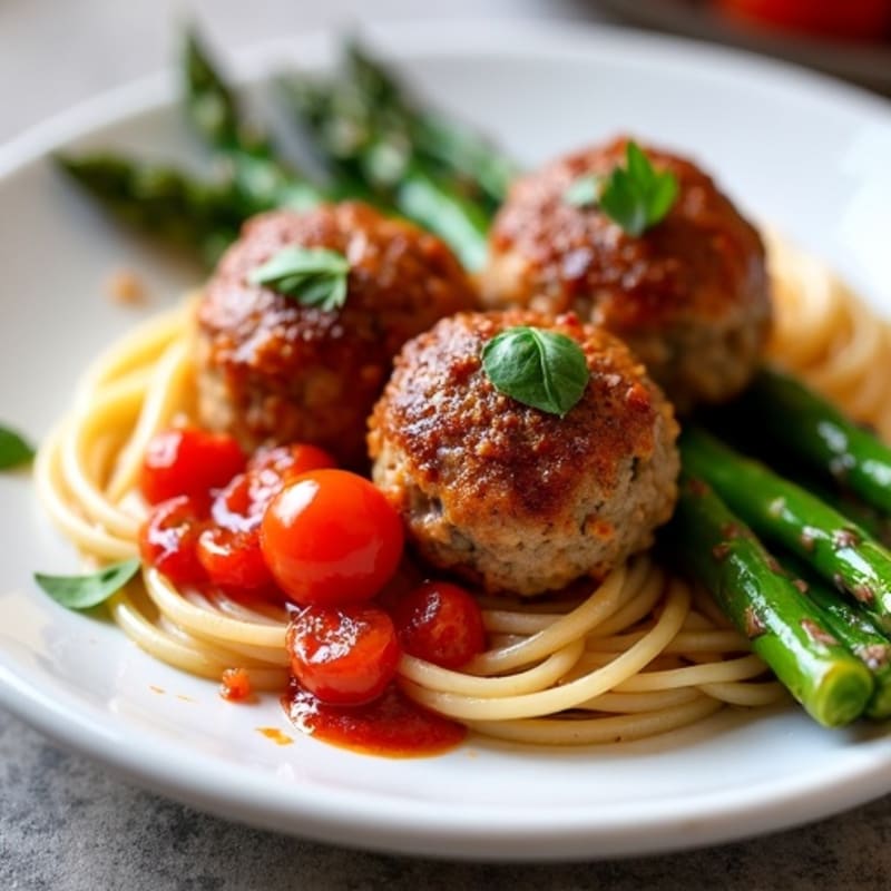 Lean Turkey Meatballs with Roasted Asparagus and Fresh Tomato Sauce