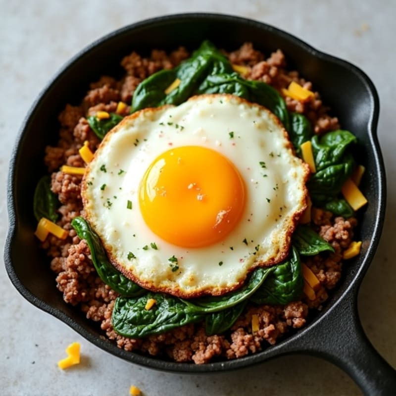High-Protein Ground Beef and Egg Skillet with Cheesy Spinach