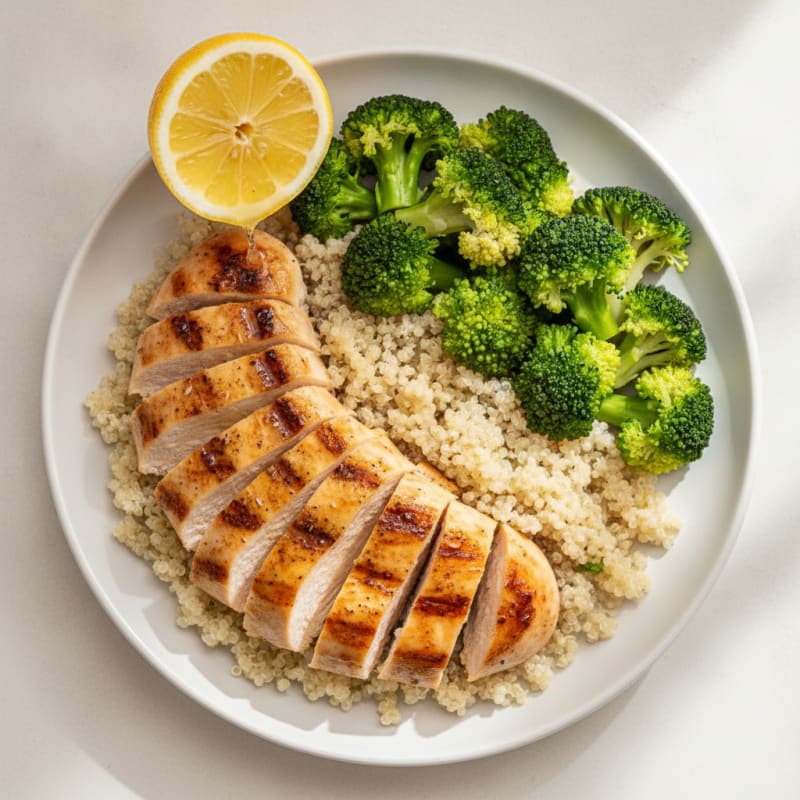 Grilled Chicken Breast with Steamed Broccoli and Quinoa