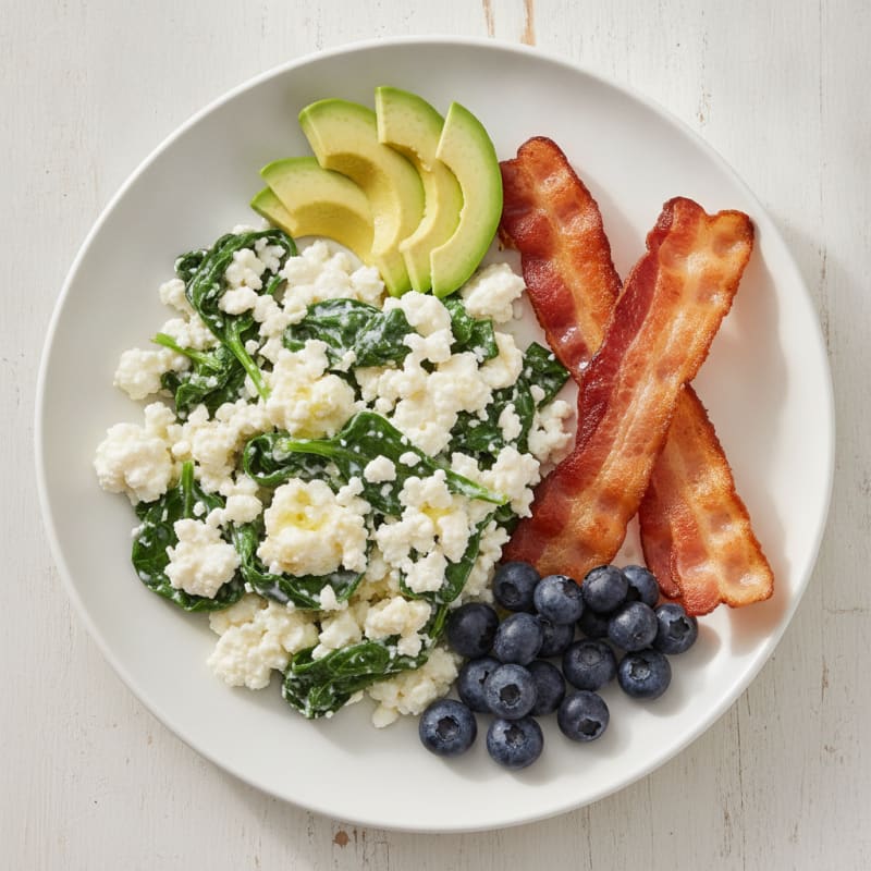 Egg White and Cottage Cheese Scramble with Spinach and Turkey Bacon