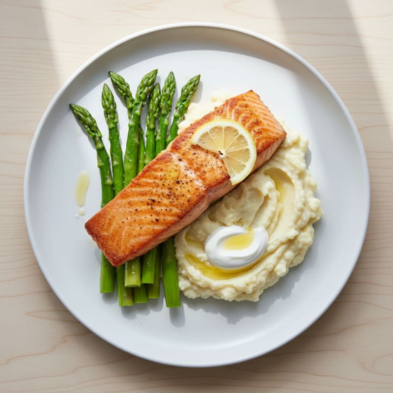 Seared Salmon with Steamed Asparagus and Cauliflower Mash
