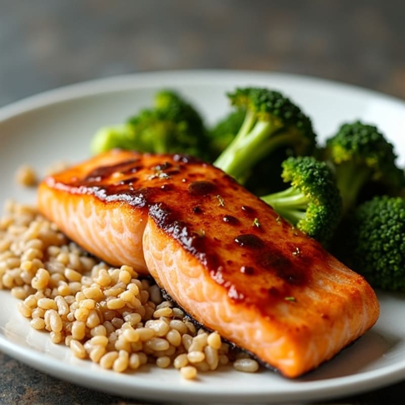 Roasted Hoisin Salmon with Brown Rice and Crispy Roasted Broccoli