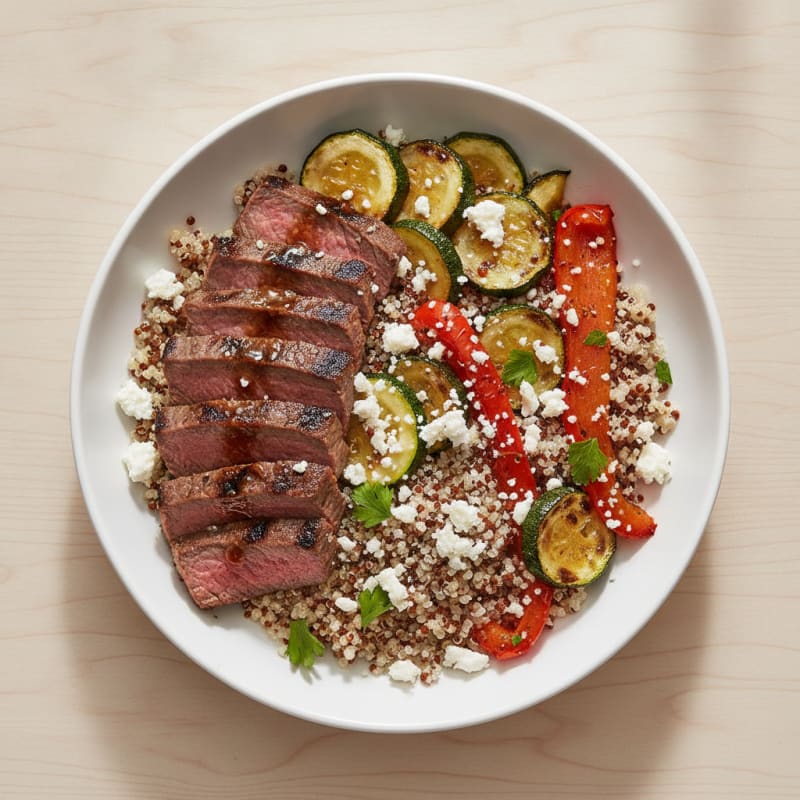 Grilled Beef and Quinoa Power Bowl with Roasted Vegetables and Feta