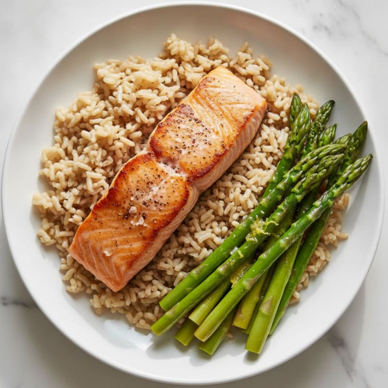 Seared Salmon Fillet with Steamed Asparagus and Brown Rice