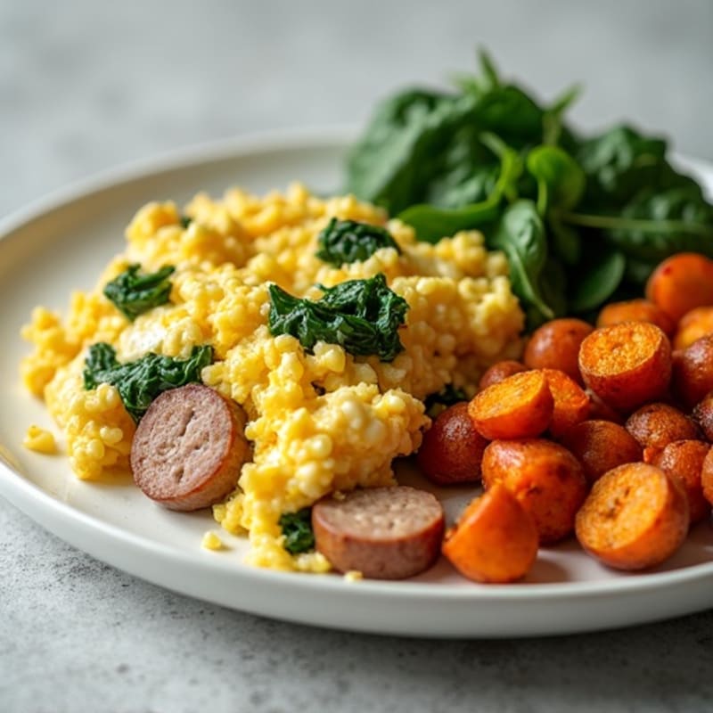 Egg White and Turkey Sausage Scramble with Spinach and Roasted Sweet Potatoes