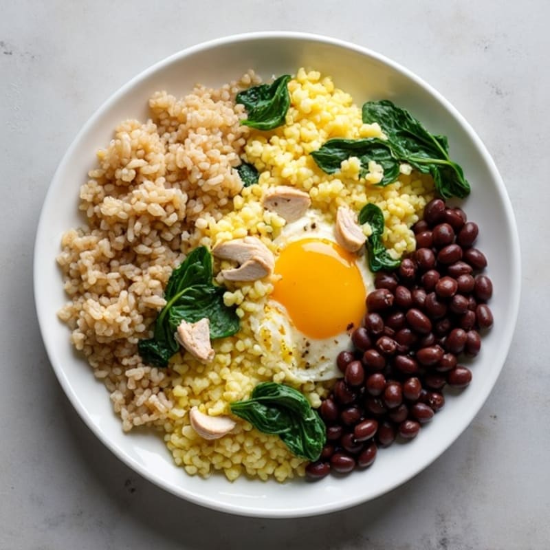 Egg White Scramble with Chicken, Spinach, Beans & Brown Rice