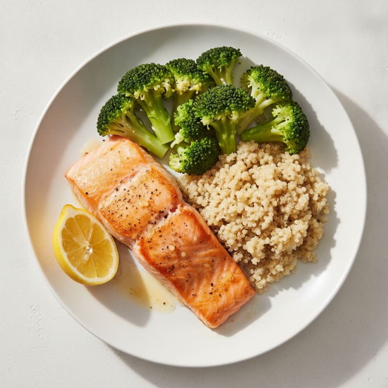 Seared Salmon with Steamed Broccoli and Quinoa