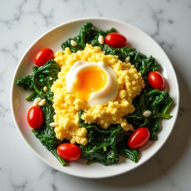 Fluffy Scrambled Eggs with Sautéed Spinach and Cherry Tomatoes
