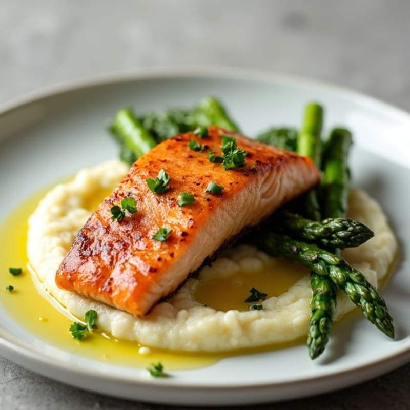 Seared Salmon Fillet with Roasted Asparagus and Cauliflower Mash
