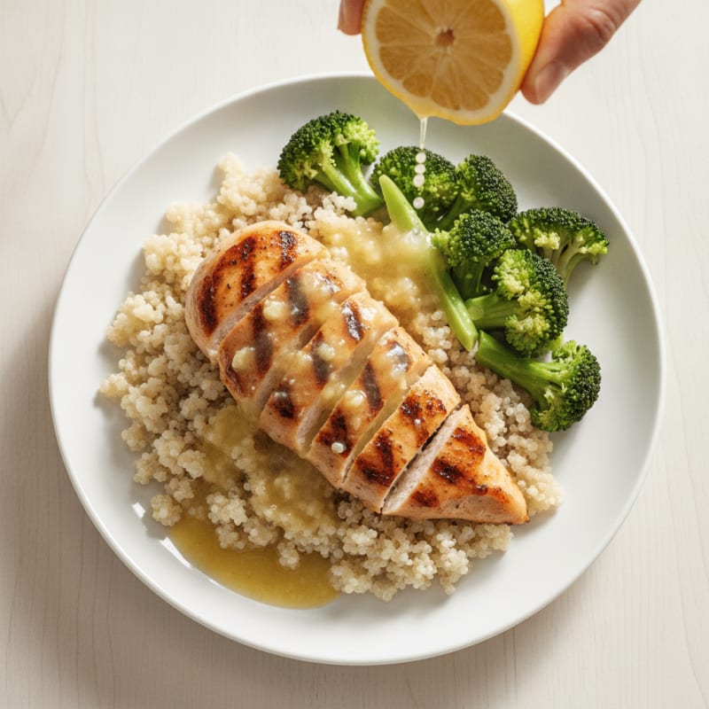 Grilled Lemon Garlic Chicken Breast with Quinoa and Steamed Broccoli