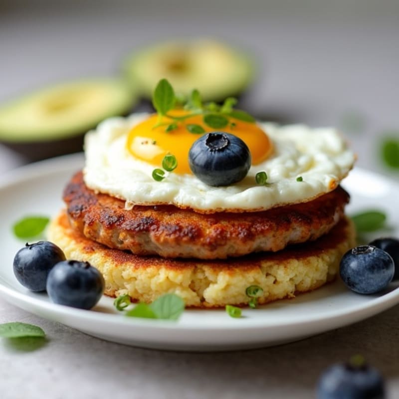 Crispy Rice Cakes with Avocado Cottage Cheese, Egg and Turkey Sausage, Fresh Blueberries