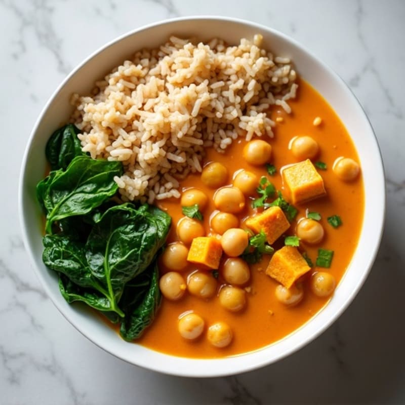 Creamy Chickpea Curry with Fresh Spinach and Fluffy Brown Rice
