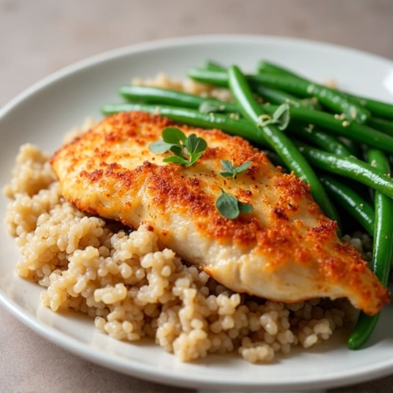 Crispy Pan-Seared Chicken with Garlicky Green Beans and Brown Rice