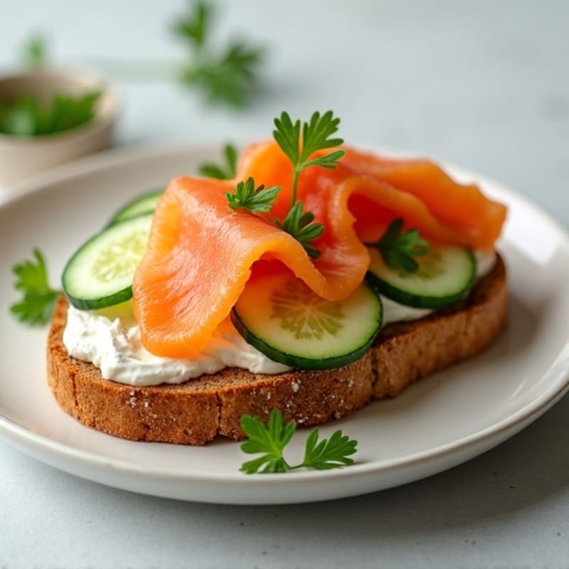 Smoked Salmon & Whipped Cream Cheese Toast with Fresh Cucumber on Whole Grain Rye