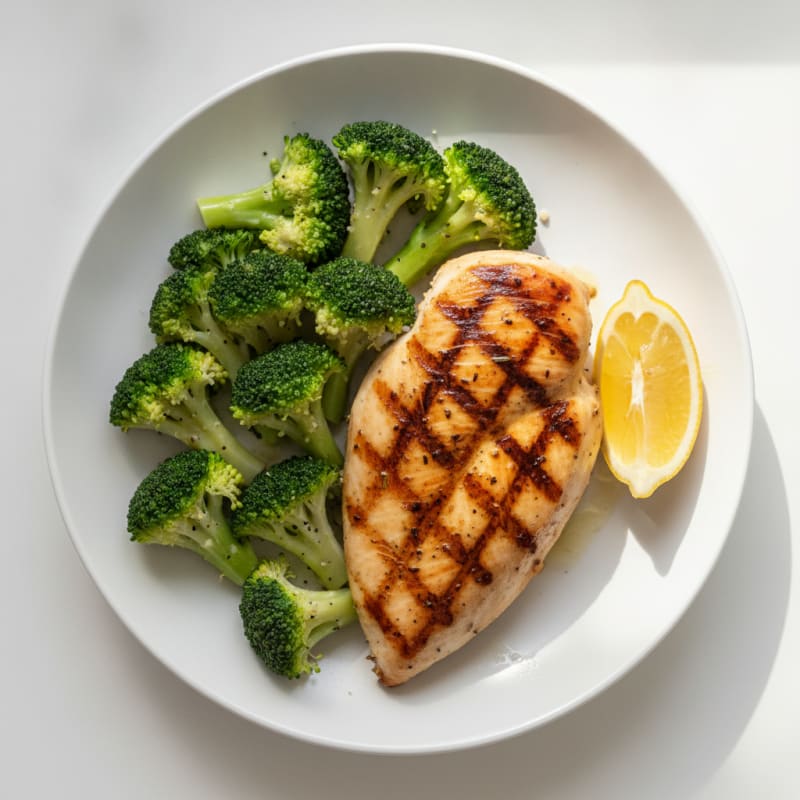 Grilled Chicken Breast with Steamed Broccoli and Lemon