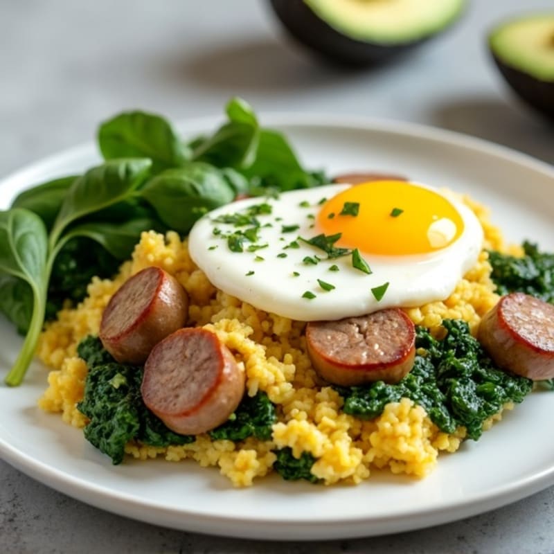 Egg White and Turkey Sausage Scramble with Spinach and Cottage Cheese