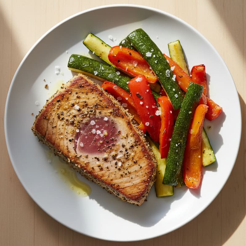 Seared Tuna Steak with Roasted Zucchini and Bell Peppers
