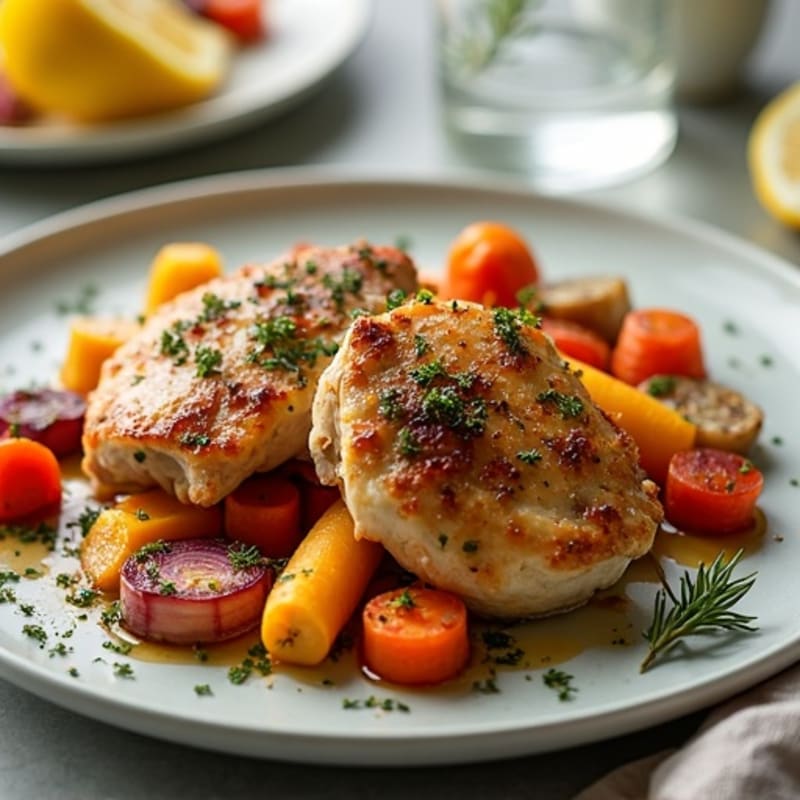 Sheet Pan Crispy Lemon Herb Chicken Thighs with Roasted Root Vegetables