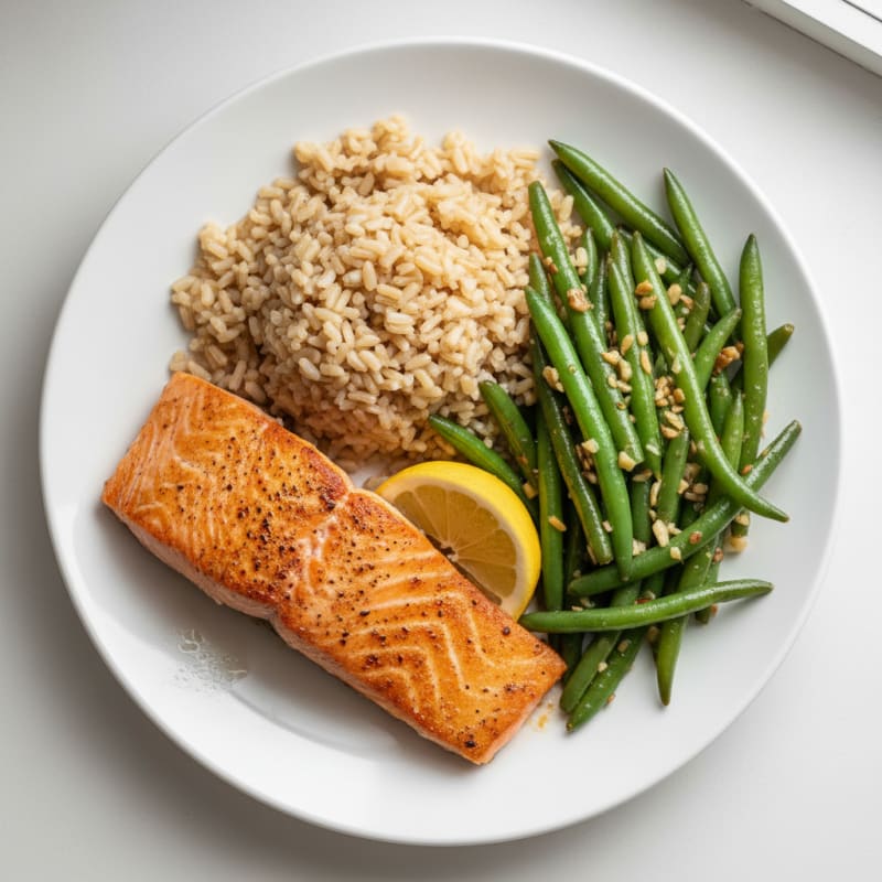 Seared Salmon Fillet with Garlic Green Beans and Brown Rice