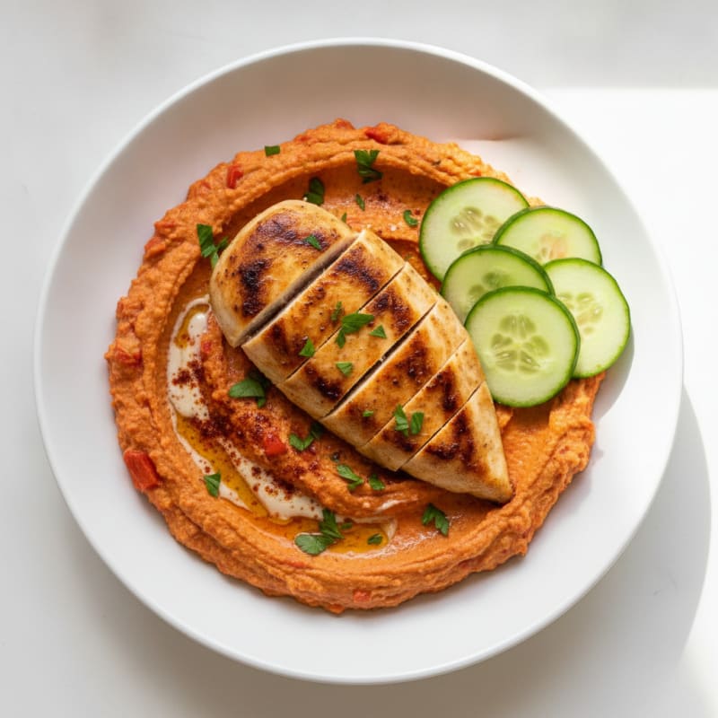 Roasted Red Pepper Hummus Bowl with Spiced Chicken