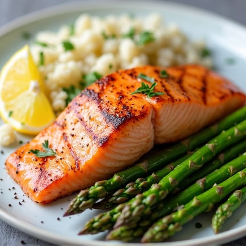 Seared Salmon with Steamed Asparagus and Cauliflower Rice