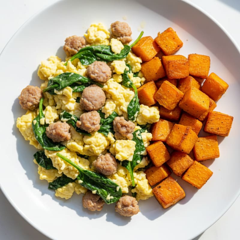 Egg White and Turkey Sausage Scramble with Spinach and Roasted Sweet Potato