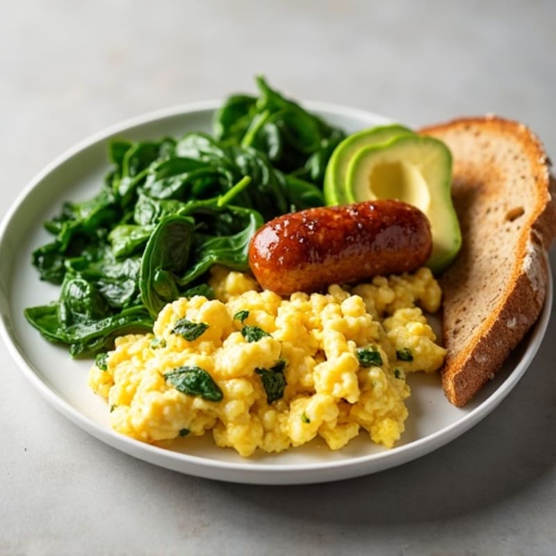 Egg White and Turkey Sausage Scramble with Sautéed Spinach