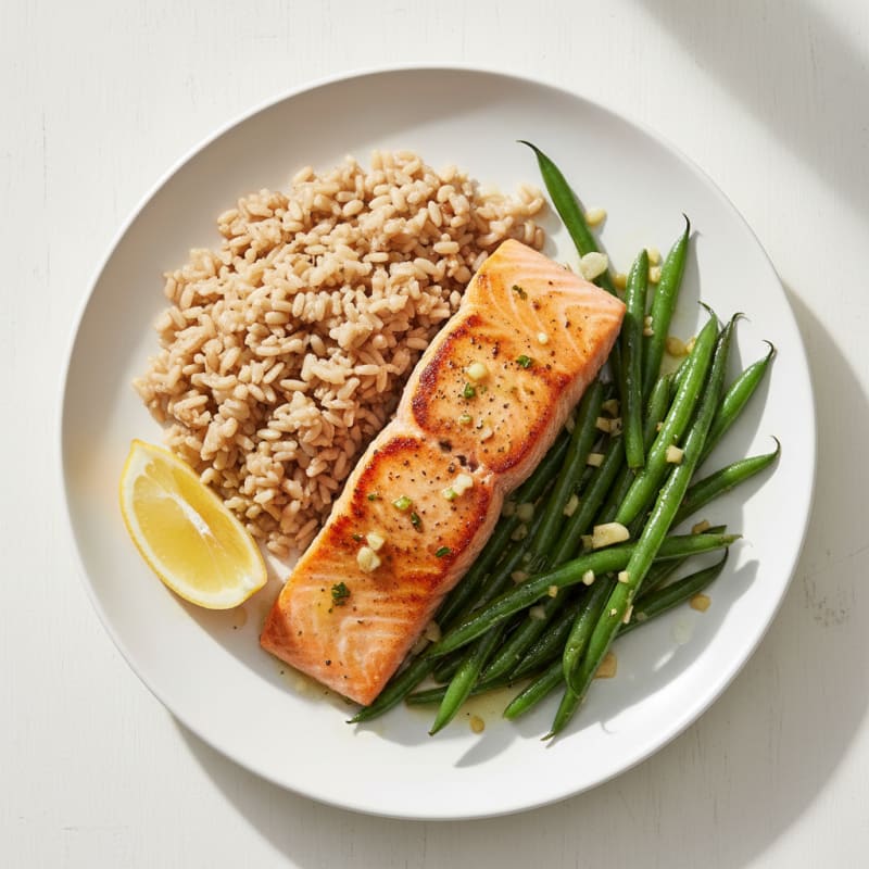 Seared Salmon with Garlic Green Beans and Brown Rice