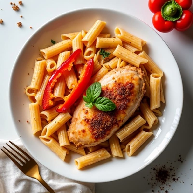 Spicy Cajun Chicken with Creamy Whole Wheat Pasta and Roasted Bell Peppers