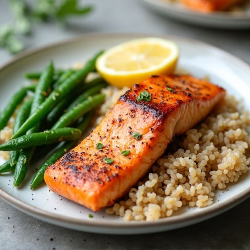 Seared Salmon Fillet with Garlic Green Beans and Brown Rice